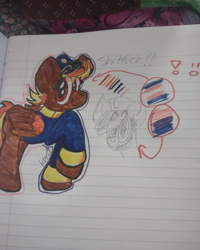 Size: 1080x1350 | Tagged: safe, artist:grimsluvr, derpibooru import, oc, oc:shitfuck, pegasus, pony, bisexual pride flag, blonde, clothes, female, hat, lined paper, mare, photo, pride, pride flag, raised hoof, raised leg, red eyes, signature, sketch, smiling, solo, telegram pony, text, traditional art, trans female, transgender, transgender pride flag, uniform, vulgar