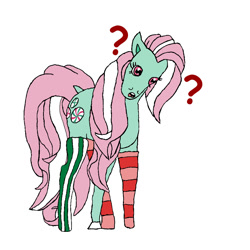 Size: 992x992 | Tagged: safe, artist:peacepetal, derpibooru import, minty, earth pony, pony, a charming birthday, g3, clothes, dock, female, hoers, mare, mismatched socks, missing accessory, open mouth, question mark, rectangular pupil, scene interpretation, simple background, socks, solo, striped socks, tail, tilted head, traditional art, white background