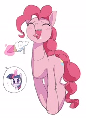 Size: 2507x3541 | Tagged: safe, artist:gakushuogawa, derpibooru import, pinkie pie, twilight sparkle, earth pony, pony, unicorn, duo, eyes closed, food, magic, open mouth, simple background, tongue, tongue out, white background