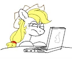 Size: 814x661 | Tagged: safe, artist:pink-pone, derpibooru import, applejack, earth pony, pony, bust, computer, frown, laptop computer, monochrome, simple background, sitting, solo, white background