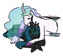 Size: 1063x945 | Tagged: safe, artist:polyquestria, derpibooru import, princess celestia, queen chrysalis, alicorn, changeling, changeling queen, pony, blushing, chryslestia, duo, female, green blush, horn, lesbian, shipping, signature, simple background, transparent background, tsundere, wings