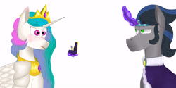 Size: 6000x3000 | Tagged: safe, derpibooru import, king sombra, princess celestia, alicorn, pony, unicorn, blushing, celestibra, curved horn, duo, duo male and female, ear blush, female, glowing, glowing horn, good king sombra, horn, jewelry, looking at each other, looking at someone, magic, magic aura, male, marriage proposal, regalia, ring, shipping, simple background, smiley face, smiling, sparkly eyes, straight, telekinesis, white background, wingding eyes