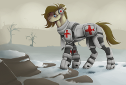 Size: 832x565 | Tagged: safe, artist:scruph, derpibooru import, oc, oc only, oc:dusty heartwood, earth pony, pony, fallout equestria, armor, blue eyes, brown mane, clothes, dead tree, doctor, earmuffs, medic, red cross, scarf, snow, solo, tree, wasteland