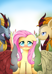 Size: 4299x6071 | Tagged: safe, artist:abyssalrabbit, derpibooru import, fluttershy, kirin, pegasus, pony, g4, blushing, ears, female, floppy ears, gradient background, mare, sitting, surrounded