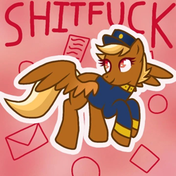 Size: 720x720 | Tagged: safe, artist:yagirlanxiety, derpibooru import, oc, oc:shitfuck, pegasus, pony, clothes, female, hat, mare, red background, red eyes, simple background, smiling, solo, spread wings, telegram pony, text, uniform, vulgar, wings