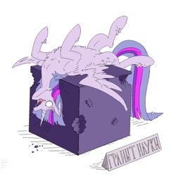 Size: 1500x1500 | Tagged: safe, artist:hilloty, derpibooru import, twilight sparkle, twilight sparkle (alicorn), alicorn, pony, context in description, cube, cyrillic, female, fluffy, for science, granite, lying down, mare, on back, russian, simple background, solo, spread wings, white background, wings