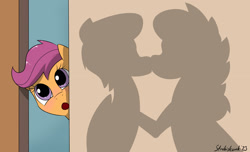 Size: 2486x1514 | Tagged: safe, artist:strebiskunk, derpibooru import, aunt holiday, auntie lofty, scootaloo, pegasus, pony, female, filly, foal, kiss on the lips, kissing, lesbian, lofty day, offscreen character, open mouth, peeping, shadow, shipping, signature