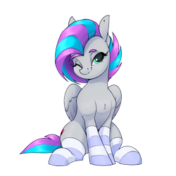 Size: 3200x3200 | Tagged: safe, artist:aquaticvibes, derpibooru import, oc, oc only, oc:vapourwave, pegasus, pony, clothes, female, mare, one eye closed, simple background, sitting, socks, solo, striped socks, transparent background, wink