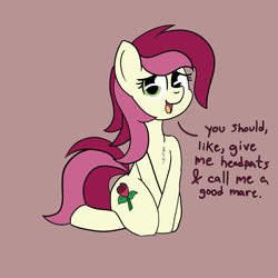Size: 2000x2000 | Tagged: safe, artist:dafiltafish, derpibooru import, roseluck, earth pony, pony, bronybait, imminent petting, simple background, sitting, solo, text