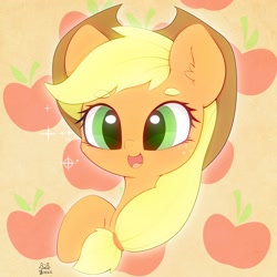 Size: 3000x3000 | Tagged: safe, artist:zokkili, derpibooru import, applejack, earth pony, pony, apple, bust, cute, food, hat, jackabetes, open mouth, smiling, solo