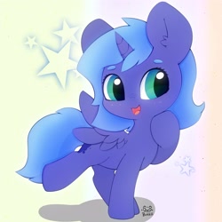 Size: 3000x3000 | Tagged: safe, artist:zokkili, derpibooru import, princess luna, alicorn, pony, cute, female, filly, foal, open mouth, simple background, smiling, solo, spread wings, standing, wings, woona, younger