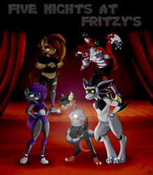 Size: 5000x5700 | Tagged: safe, artist:starmaster, derpibooru import, oc, oc:fritzy, oc:matica, oc:pixel, oc:smidrak, oc:yan, anthro, bat pony, dog, original species, pony, robot, robot pony, animatronic, anthro oc, avali, female, five nights at freddy's, five nights at fritzy's, flashlight (object), guard, kobold, male, roboticization, shipping, smiling, stage, stare, straight, tail, tail wrap