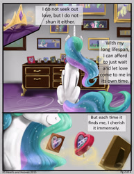 Size: 2550x3300 | Tagged: safe, artist:silfoe, derpibooru import, princess celestia, oc, alicorn, earth pony, pony, unicorn, canon x oc, child, comic, crown, crying, dresser, family, female, foal, framed picture, immortality blues, implied death, jewelry, parents:canon x oc, pillow, regalia, royal sketchbook, smiling, solo, text