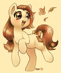 Size: 941x1122 | Tagged: safe, artist:pimmy, derpibooru import, oc, oc only, oc:pumpkin patch, earth pony, pony, bow, female, leaves, mare, monochrome, open mouth, open smile, ponytail, simple background, smiling, solo, standing, standing on one leg, tail, tail bow