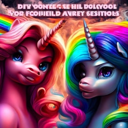 Size: 1000x1000 | Tagged: safe, derpibooru import, generator:stable diffusion, machine learning generated, pinkie pie, rainbow dash, unicorn, abstract background, adoracreepy, creepy, cute, duo, gibberish, looking at you, machine learning abomination, race swap, unicorn pinkie pie, unicorn rainbow dash