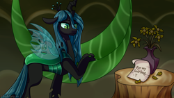 Size: 3840x2160 | Tagged: safe, artist:vladivoices, derpibooru import, queen chrysalis, changeling, changeling queen, concave belly, letter, solo