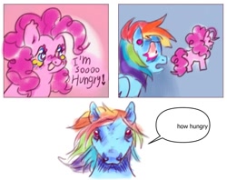 Size: 1167x924 | Tagged: safe, artist:axollungz, derpibooru import, pinkie pie, rainbow dash, earth pony, pegasus, pony, comic, duo, man i'm so hungry / how hungry, meme, open mouth, open smile, smiling, text