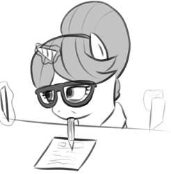 Size: 1128x1146 | Tagged: safe, artist:zan logemlor, derpibooru import, raven, pony, unicorn, female, glasses, glowing, glowing horn, grayscale, horn, magic, magic aura, mare, monochrome, open mouth, paper, pencil, pencil in mouth, simple background, solo, telekinesis, white background, writing