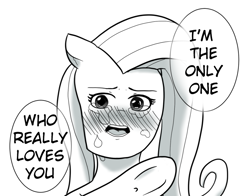 Size: 711x558 | Tagged: safe, artist:zan logemlor, derpibooru import, fluttershy, pegasus, pony, blushing, dialogue, ears, female, floppy ears, grayscale, mare, monochrome, ponified manga, simple background, solo, speech bubble, talking, underhoof, white background