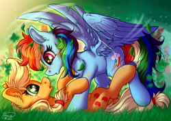 Size: 1920x1358 | Tagged: safe, artist:julunis14, derpibooru import, applejack, rainbow dash, earth pony, pegasus, pony, appledash, backwards cutie mark, duo, duo female, female, grass, lesbian, looking at each other, looking at someone, lying down, mare, on back, shipping, spread wings, wings