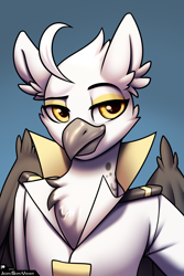 Size: 2000x3000 | Tagged: safe, artist:jedayskayvoker, derpibooru import, oc, oc:tristan alastair, anthro, griffon, anthro oc, beak, bust, cheek feathers, chest feathers, clothes, ear feathers, eyebrows, folded wings, gradient background, griffon oc, icon, looking at you, male, patreon, patreon reward, portrait, raised eyebrow, smiling, smiling at you, smug, solo, uniform, wings