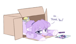 Size: 1200x700 | Tagged: safe, artist:higglytownhero, derpibooru import, derpy hooves, twilight sparkle, twilight sparkle (alicorn), oc, oc:mio, alicorn, earth pony, pegasus, pony, box, coat markings, crayon, crayon drawing, cute, female, lying down, mare, open mouth, pony in a box, prone, simple background, traditional art, white background