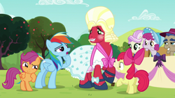 Size: 1280x720 | Tagged: safe, derpibooru import, screencap, apple bloom, big macintosh, rainbow dash, scootaloo, earth pony, pegasus, pony, brotherhooves social, bloomers, clothes, crossdressing, dress, female, filly, foal, male, mare, orchard blossom, stallion