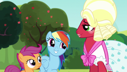 Size: 1280x720 | Tagged: safe, derpibooru import, screencap, big macintosh, rainbow dash, scootaloo, earth pony, pegasus, pony, brotherhooves social, bloomers, clothes, crossdressing, dress, female, filly, foal, male, mare, orchard blossom, stallion, trio