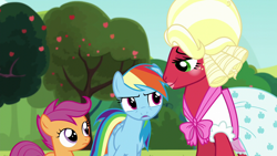 Size: 1280x720 | Tagged: safe, derpibooru import, screencap, big macintosh, rainbow dash, scootaloo, earth pony, pegasus, pony, brotherhooves social, bloomers, clothes, crossdressing, dress, female, filly, foal, male, mare, orchard blossom, stallion, trio