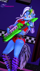 Size: 2160x3840 | Tagged: safe, artist:dietshantytown, derpibooru import, trixie, anthro, plantigrade anthro, unicorn, 3d, crossover, female, five nights at freddy's, horn, keytar, looking at you, musical instrument, nexgen, outfit, roxanne wolf, solo, source filmmaker, tail, tongue, tongue out