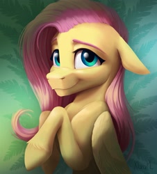 Size: 3159x3499 | Tagged: safe, artist:klarapl, derpibooru import, fluttershy, pegasus, pony, abstract background, bust, cute, ears, female, floppy ears, folded wings, high res, looking at you, mare, raised hoof, raised leg, shyabetes, smiling, smiling at you, solo, wings