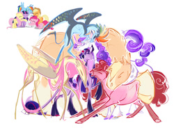 Size: 1280x944 | Tagged: safe, artist:shirecorn, derpibooru import, applejack, fluttershy, pinkie pie, rainbow dash, rarity, twilight sparkle, earth pony, pegasus, pony, unicorn, curved horn, horn, leonine tail, mane six, redesign, simple background, size difference, tail, unshorn fetlocks, white background