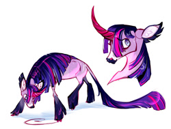 Size: 1280x966 | Tagged: safe, artist:shirecorn, derpibooru import, twilight sparkle, unicorn twilight, classical unicorn, unicorn, cloven hooves, curved horn, horn, leonine tail, redesign, simple background, solo, tail, unshorn fetlocks, white background