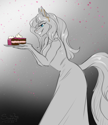 Size: 1208x1400 | Tagged: safe, artist:sunny way, derpibooru import, anthro, earth pony, birthday, birthday cake, cake, clothes, dress, dressed, ear piercing, earring, female, food, happy, happy birthday, jewelry, mare, party, patreon, patreon reward, piercing, smiling, solo