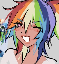 Size: 900x980 | Tagged: safe, artist:gorkujo, derpibooru import, rainbow dash, human, bust, clitoris, female, gray background, humanized, lips, looking at you, nudity, simple background, smiling, smiling at you, solo, vulva, vulvar winking