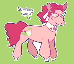 Size: 2006x1743 | Tagged: safe, artist:goatpaste, derpibooru import, earth pony, pony, g1, backstory in description, female, glasses, green background, lidded eyes, mare, simple background, solo, strawberry surprise, tail