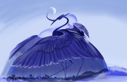 Size: 1280x828 | Tagged: safe, artist:shirecorn, derpibooru import, princess luna, alicorn, pony, curved horn, giant pony, head wings, horn, macro, moon, multiple wings, redesign, shadow, solo, wings