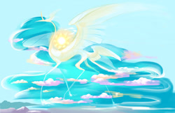 Size: 1280x828 | Tagged: safe, artist:shirecorn, derpibooru import, princess celestia, alicorn, pony, butt wings, cloud, giant pony, giantlestia, head wings, macro, multiple wings, solo, sun, wings