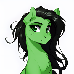 Size: 1024x1024 | Tagged: safe, derpibooru import, generator:stable diffusion, machine learning generated, oc, oc:anon-mare, earth pony, black mane, chest fluff, female, freckles, green coat, green eyes, mare, simple background, solo, solo female, white background