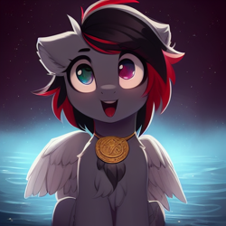 Size: 512x512 | Tagged: safe, derpibooru import, editor:darkshy, generator:purplesmart.ai, generator:stable diffusion, machine learning generated, oc, oc:darkshy, pegasus, blue eyes, chest fluff, ear fluff, ears, fluffy, heterochromia, pegasus oc, purple eyes, red hair, solo