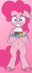 Size: 434x1000 | Tagged: safe, artist:cutiecarbon, derpibooru import, screencap, pinkie pie, earth pony, pony, semi-anthro, belly button, bipedal, cake, easter, egg, featureless crotch, food, gradient background, holiday, kulich, sketch, solo, unshorn fetlocks, wip