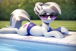 Size: 768x512 | Tagged: safe, derpibooru import, generator:novelai, generator:stable diffusion, machine learning generated, silver spoon, earth pony, pony, alternate cutie mark, alternate hairstyle, backyard, clothes, grass, hair bun, lying down, older, older silver spoon, poolside, prone, solo, sunglasses, swimming pool, swimsuit, tail, tail wrap, wrong cutie mark
