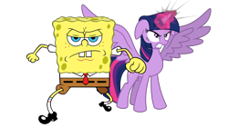 Size: 1920x1080 | Tagged: safe, artist:thxfan2022, derpibooru import, twilight sparkle, twilight sparkle (alicorn), alicorn, pony, twilight's kingdom, angry, crossover, nickelodeon, ready to fight, simple background, spongebob squarepants, spongebob squarepants (character), transparent background