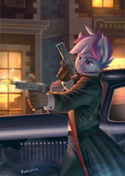 Size: 1527x2160 | Tagged: safe, artist:rublegun, derpibooru import, oc, oc only, anthro, building, car, coat, dual wield, fingers, gun, handgun, m1911, male, outdoors, pistol, shooting, solo, town, weapon