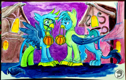 Size: 2852x1797 | Tagged: safe, artist:invalid-david, derpibooru import, gallus, sandbar, earth pony, griffon, pony, g4, clothes, costume, halloween, halloween costume, holiday, male, painting, ponytober 2022, sketchbook, traditional art