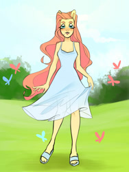 Size: 1200x1600 | Tagged: safe, artist:kavli-kaffel, derpibooru import, fluttershy, anthro, butterfly, plantigrade anthro, clothes, dress, female, grass, grass field, mare, sandals, smiling, solo, sundress