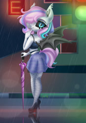 Size: 3500x5000 | Tagged: safe, artist:irinamar, derpibooru import, oc, oc only, oc:wet dream, anthro, bat pony, :p, bat pony oc, bat wings, black sclera, choker, clothes, commission, fangs, fishnet stockings, high heels, looking at you, multicolored mane, pastel goth, rain, shoes, signature, skirt, slit eyes, socks, solo, spread wings, stiletto heels, striped socks, thigh highs, tongue, tongue out, umbrella, wings, ych result