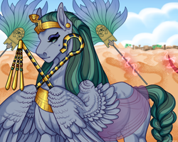 Size: 1250x1000 | Tagged: safe, artist:snowberry, derpibooru import, pegasus, unicorn, ancient egypt, braid, braided tail, building, clothes, cloud, crook, ear piercing, earring, egyptian, eye of horus, eyeliner, eyeshadow, fan, feather, flail, gold, headress, hedju-hor, jewelry, levitation, magic, makeup, male, mole, nudity, offscreen character, outdoors, pharaoh, piercing, pyramid, regalia, sand, see-through, sheath, sky, solo, stallion, tail, telekinesis, tree, two toned mane, weapon, wing hold, wings