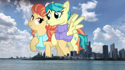 Size: 2048x1152 | Tagged: safe, artist:cheezedoodle96, derpibooru import, edit, editor:jaredking779, aunt holiday, auntie lofty, earth pony, pegasus, pony, chicago, clothes, female, giant pony, giantess, highrise ponies, illinois, irl, lesbian, lofty day, macro, mare, photo, ponies in real life, rearing, scarf, shipping, spread wings, story included, sweater, wings