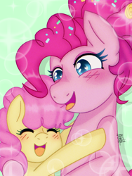Size: 768x1024 | Tagged: safe, artist:derpyvr, derpibooru import, li'l cheese, pinkie pie, earth pony, pony, the last problem, blushing, eyes closed, female, green background, heart, heart eyes, hug, mare, mother and child, mother and daughter, older, older pinkie pie, open mouth, open smile, parent and child, simple background, smiling, wingding eyes